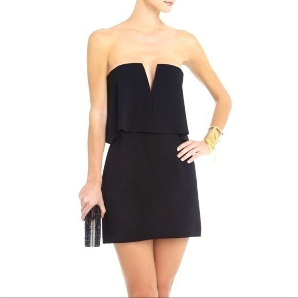 NWT BCBGMaxAzria Kate Black Strapless Mini Plunging Low Cut Overlay Mini Dress